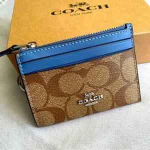 NEW Coach Brown Blue Mini Skinny ID Case Monogram Signature Card Case Wallet